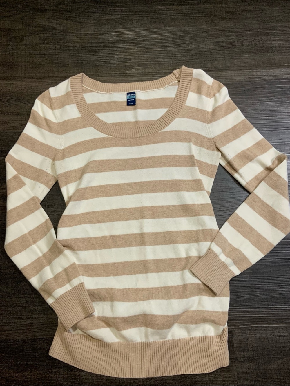 Old Navy Cream and Beige Striped Crewneck Sweater